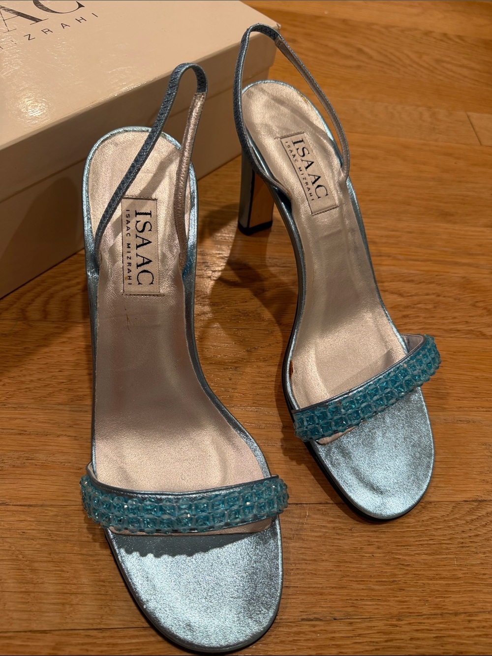 New Vintage 90s Isaac Mizrahi Teal Beaded Slingback Gemstrap Leather Heels w Box